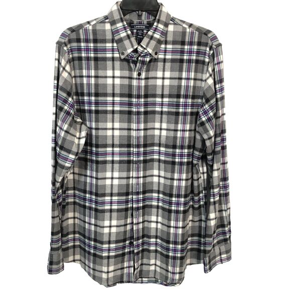 Lands End Mens Flannel Shirt Black White Plaid Size Large Button Down Casual Emo - Picture 4 of 11